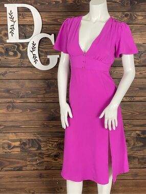 Monteau | Bright Fuchsia V-Neck Midi Dress Flutter Sleeves Faux Button Down